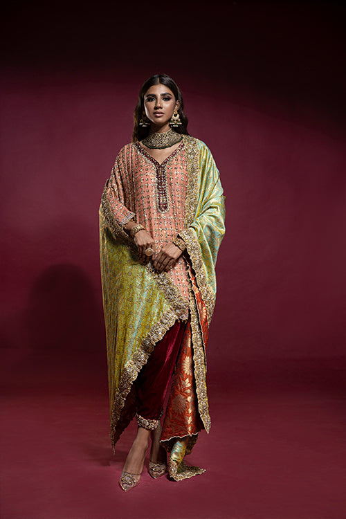 Peach Embellished Box Tunic with Red Velvet Shalwar and Double Sided Kamkhaab Chaadar