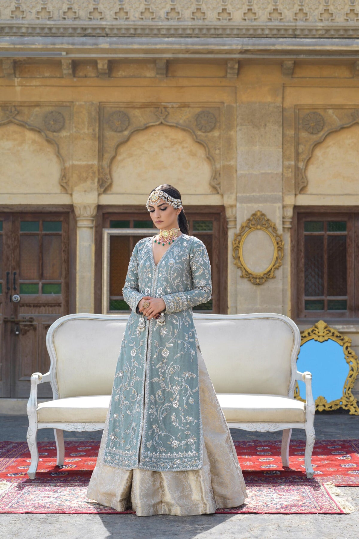 Porcelain Grey Coat with Brocade Lehenga