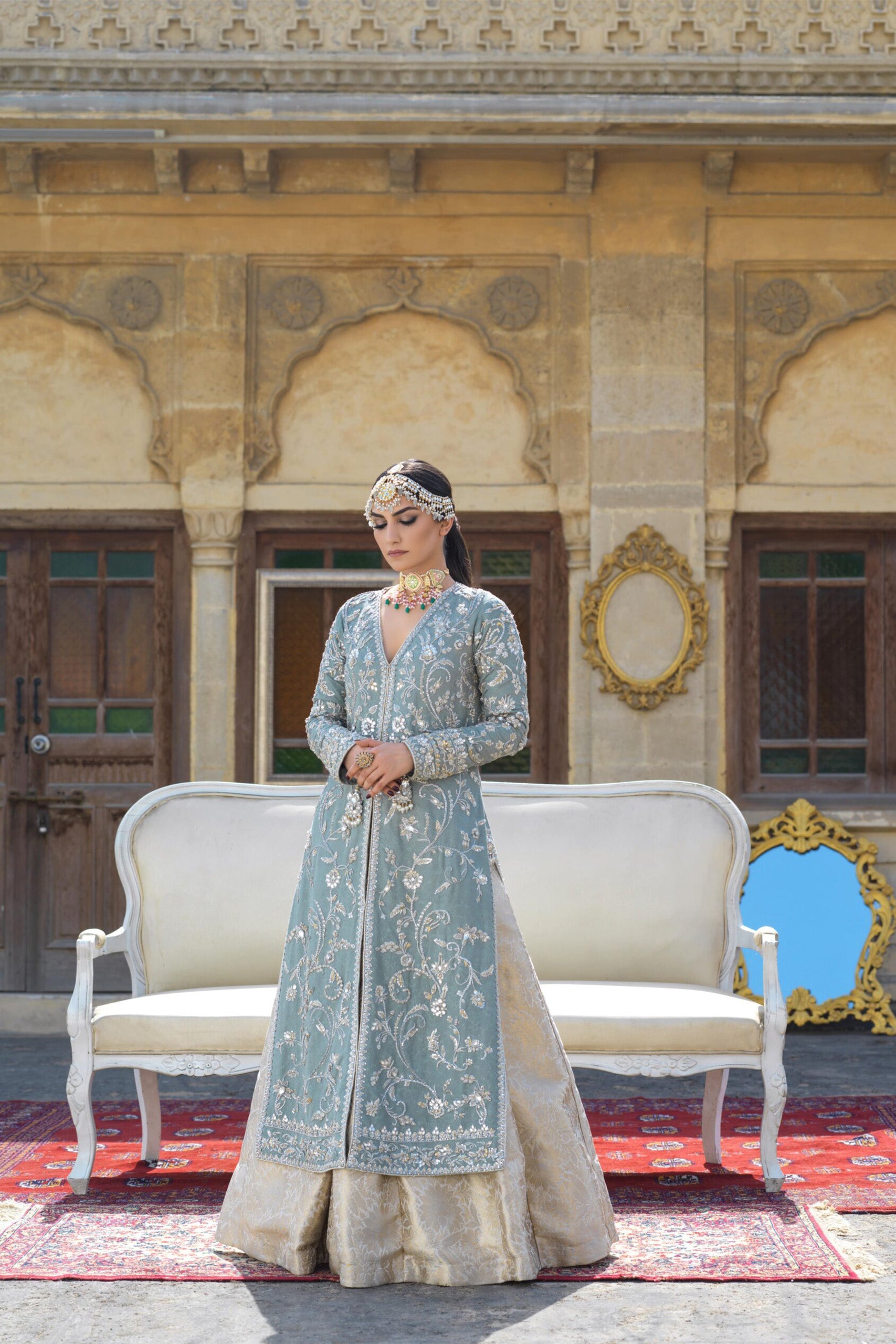 Porcelain Grey Coat with Brocade Lehenga