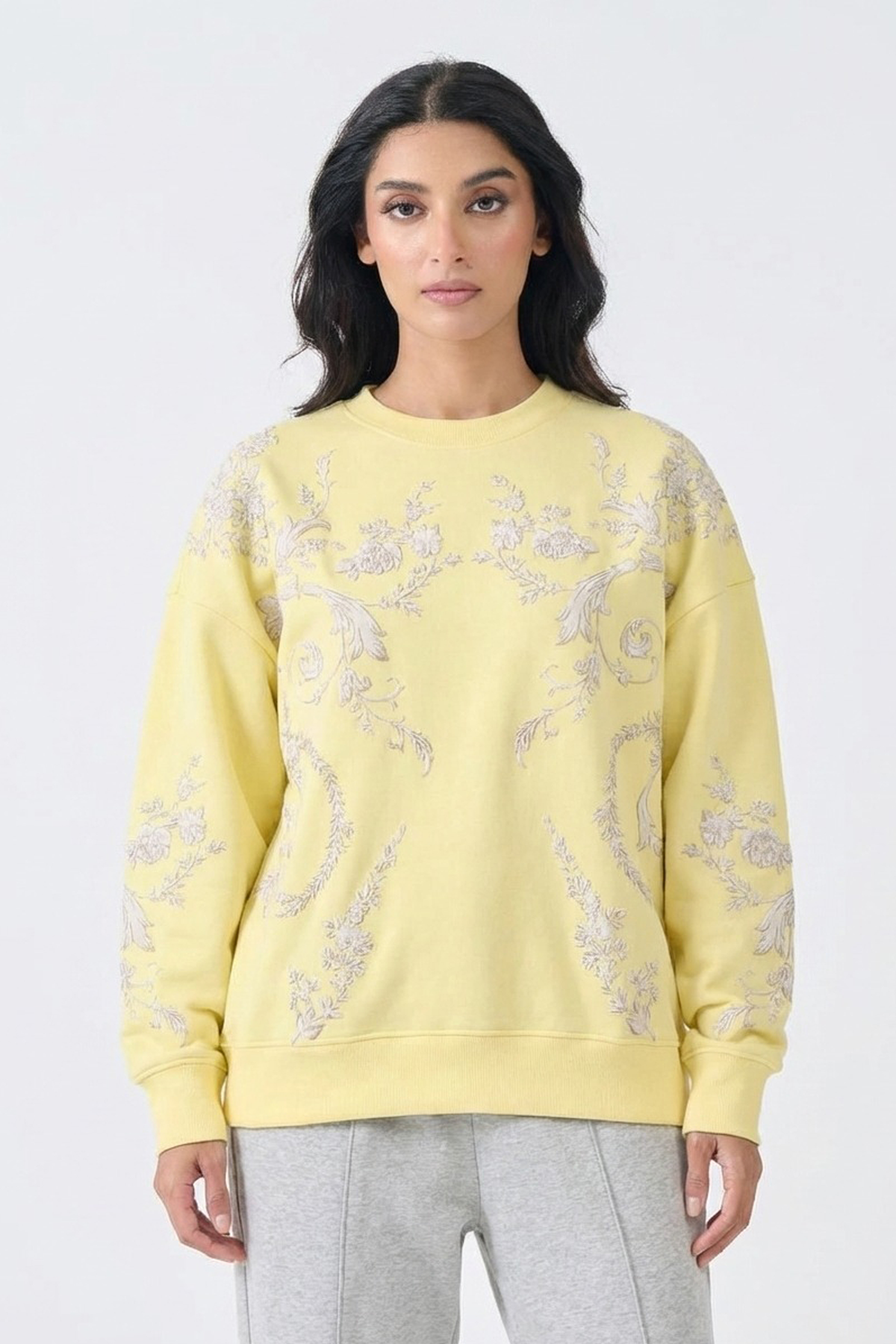 Loose Fit Fleece Sweatshirt with Emboss Print (Yellow)