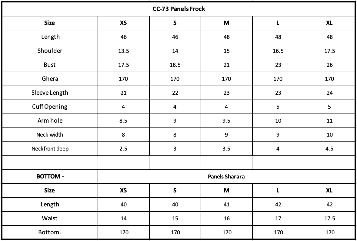 Size Chart (inches)