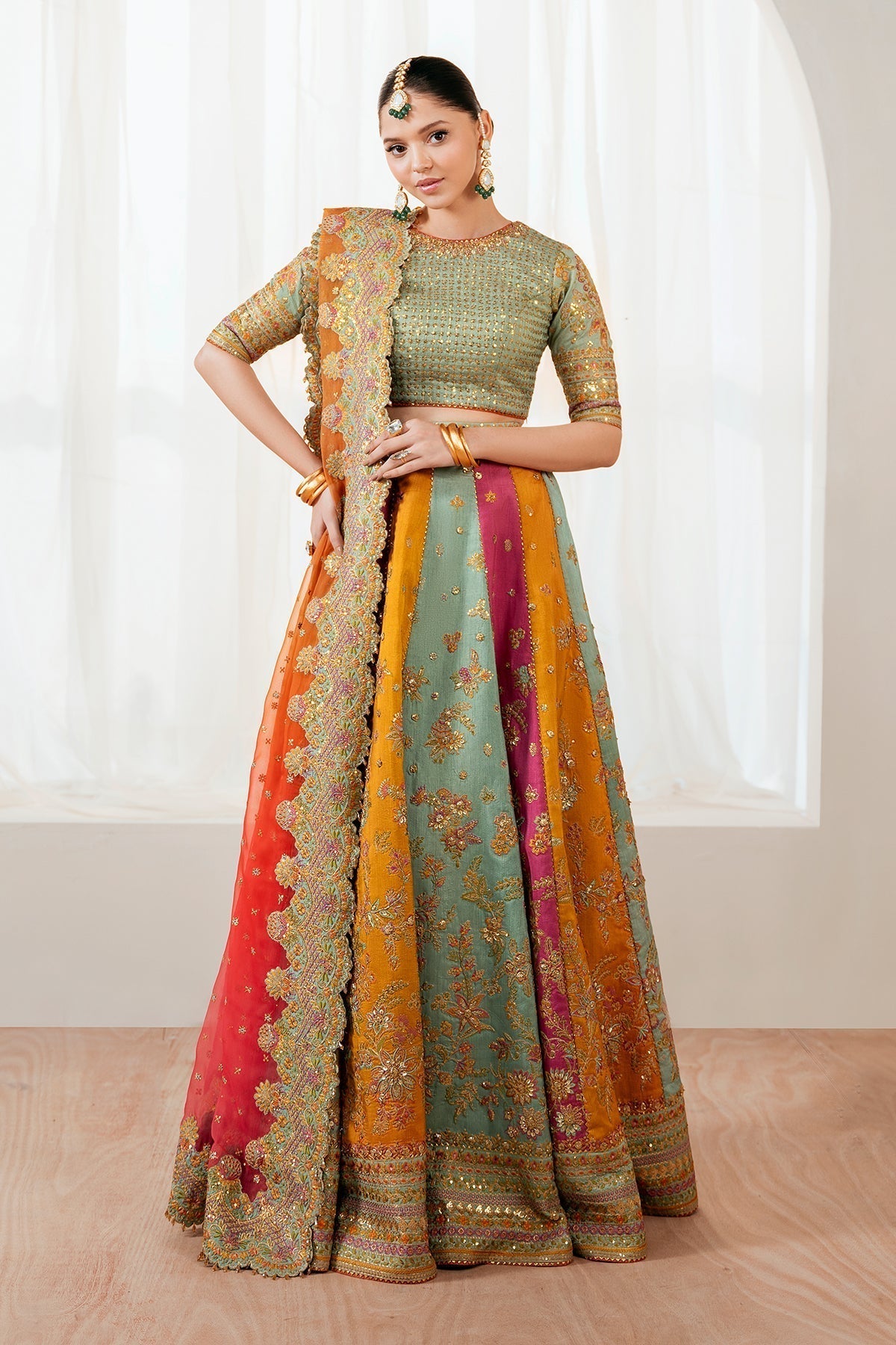 Embroidered Silk Style — Mairaz Sage Green Lehenga Set