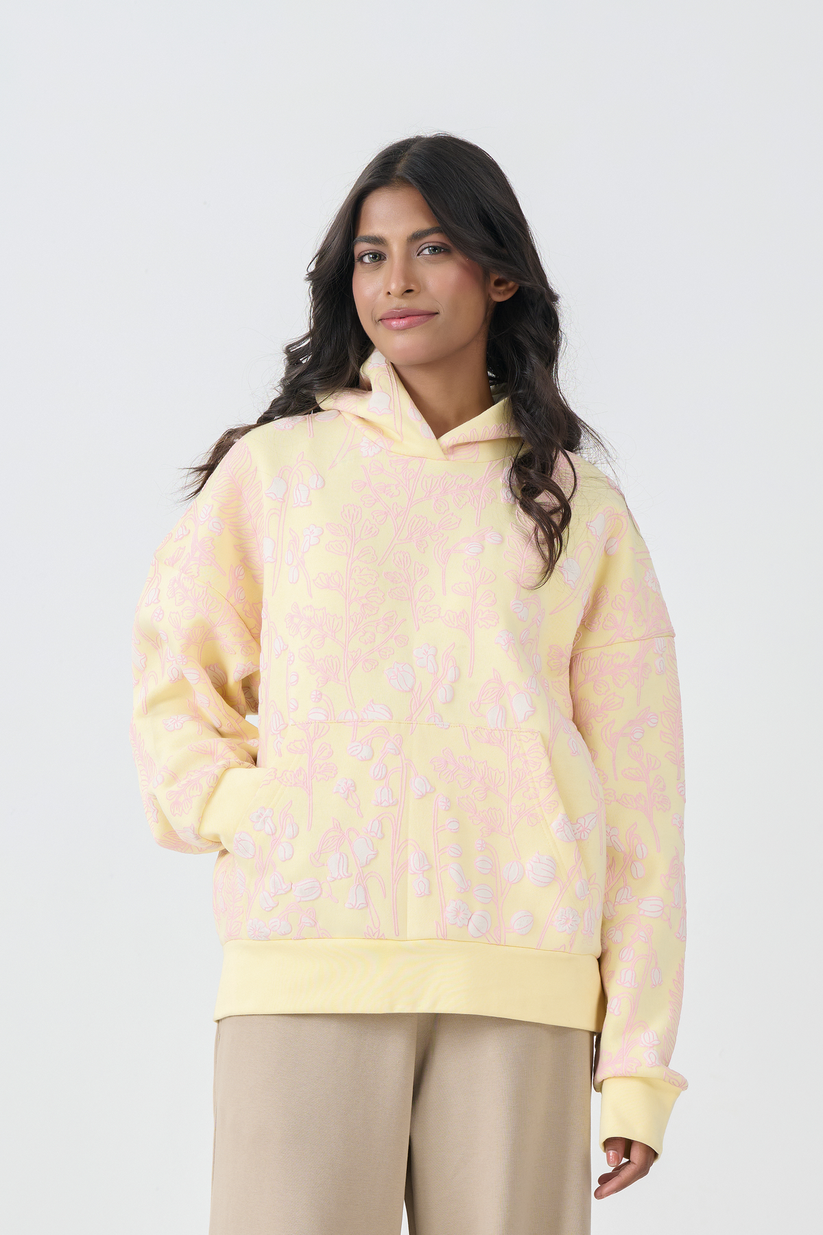 Loose Fit Fleece Pull Over Hoodie (Yellow)