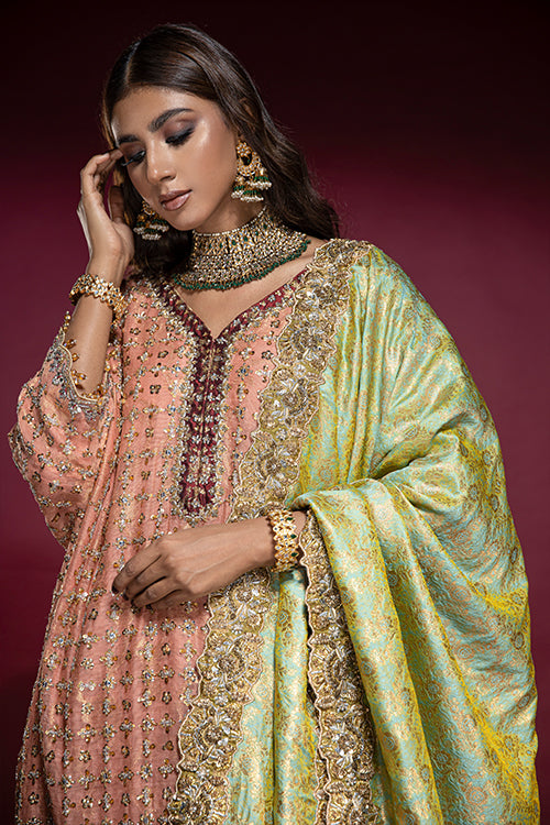 Peach Embellished Box Tunic with Red Velvet Shalwar and Double Sided Kamkhaab Chaadar