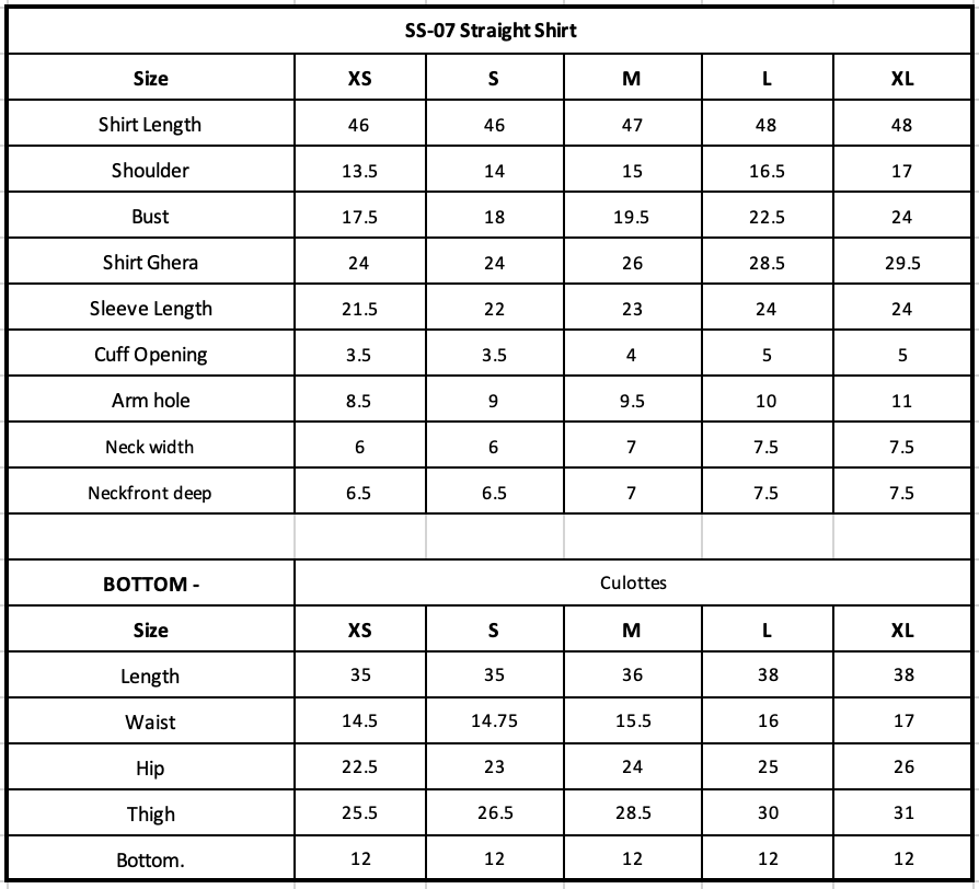 Size Chart (inches)