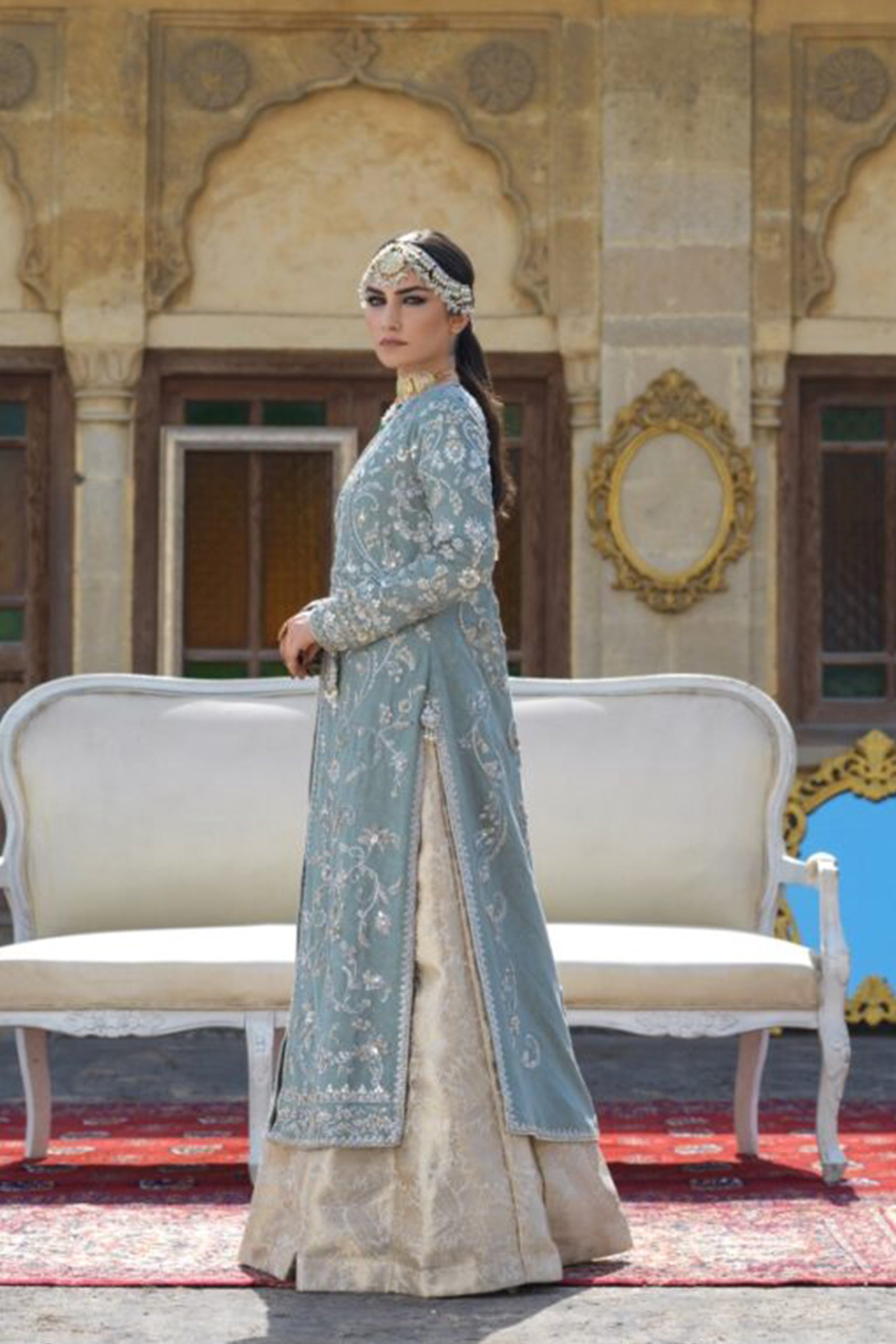 Porcelain Grey Coat with Brocade Lehenga