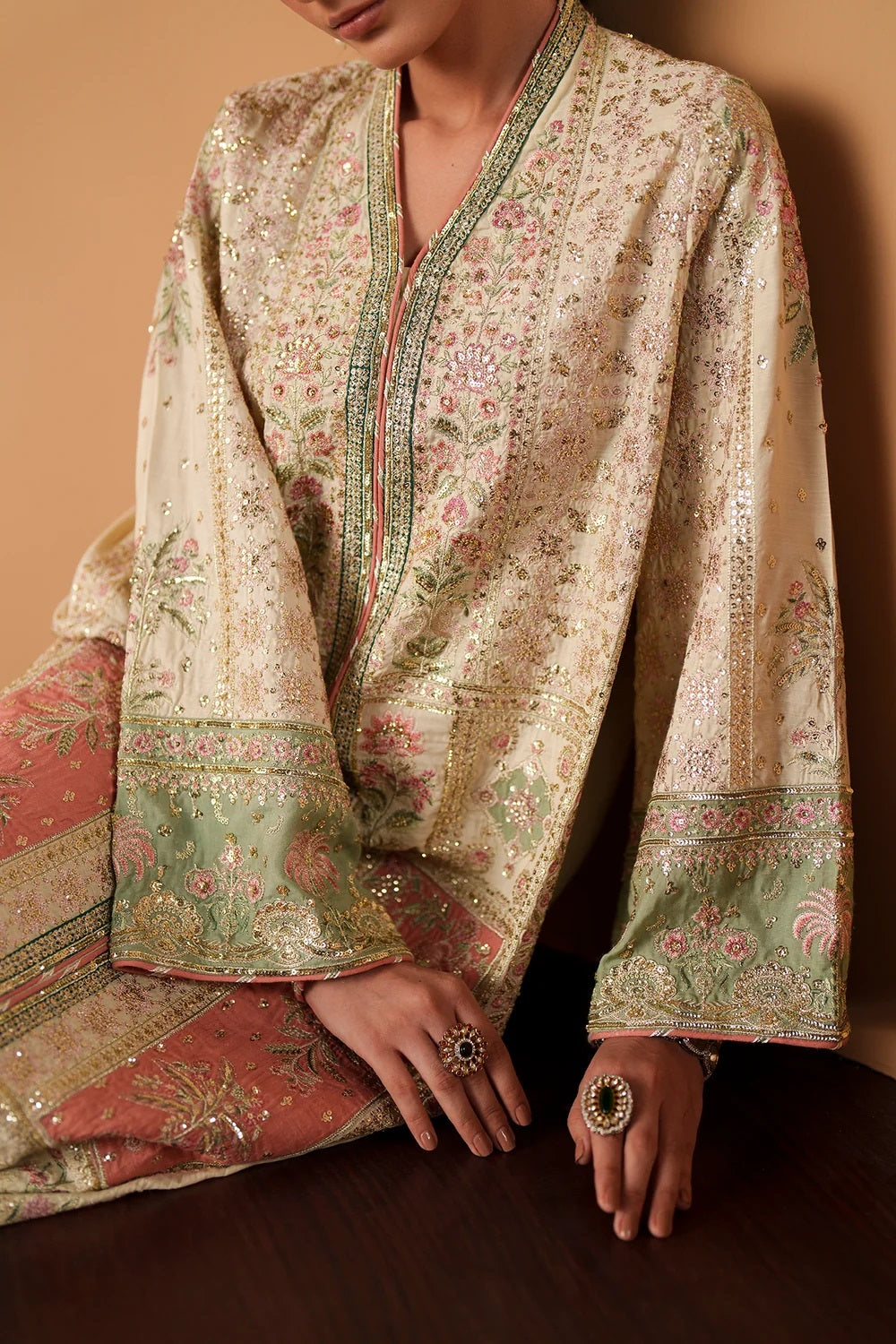 ETHNC ANTIQUE WHITE | E1210/104/006 Luxury Silk Embroidered 3Pc Unstitched Kaftan Suit PA-205