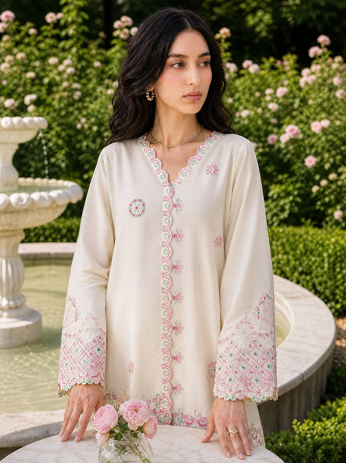 SS26DC-2625 OFF WHITE 2PCS EMBROIDERED KURTA WITH TROUSER