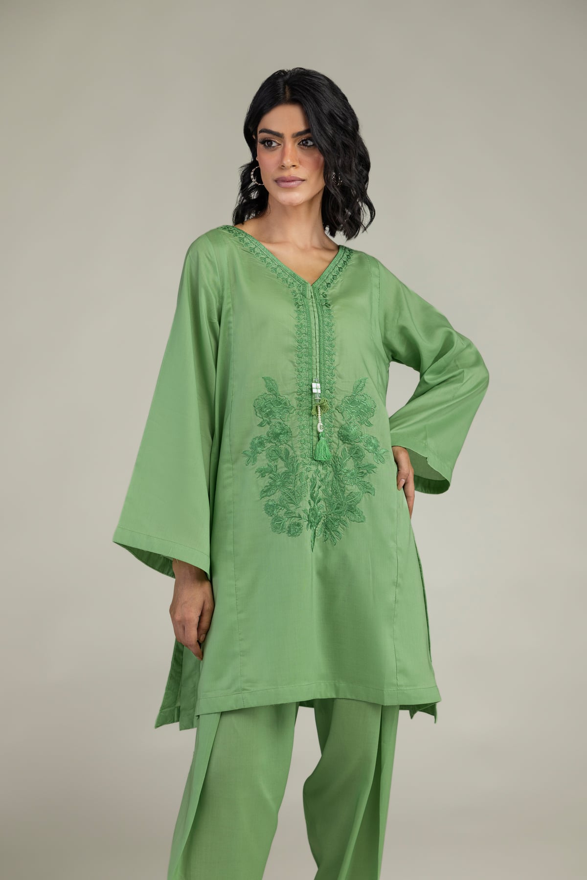 Green V-Neck Kurta