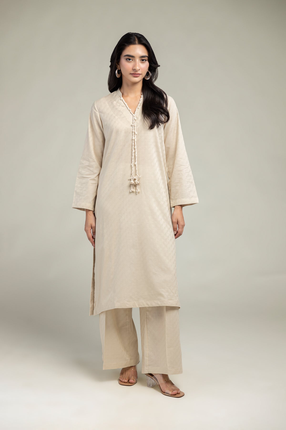 Beige Solid Pants