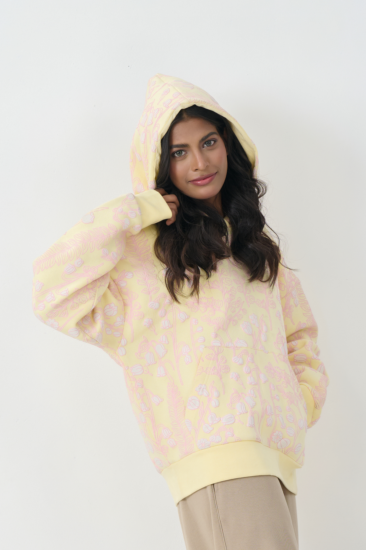 Loose Fit Fleece Pull Over Hoodie (Yellow)