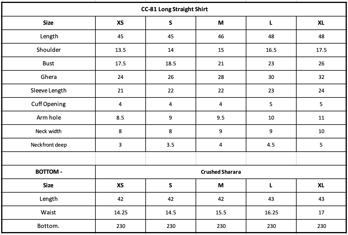 Size Chart (inches)