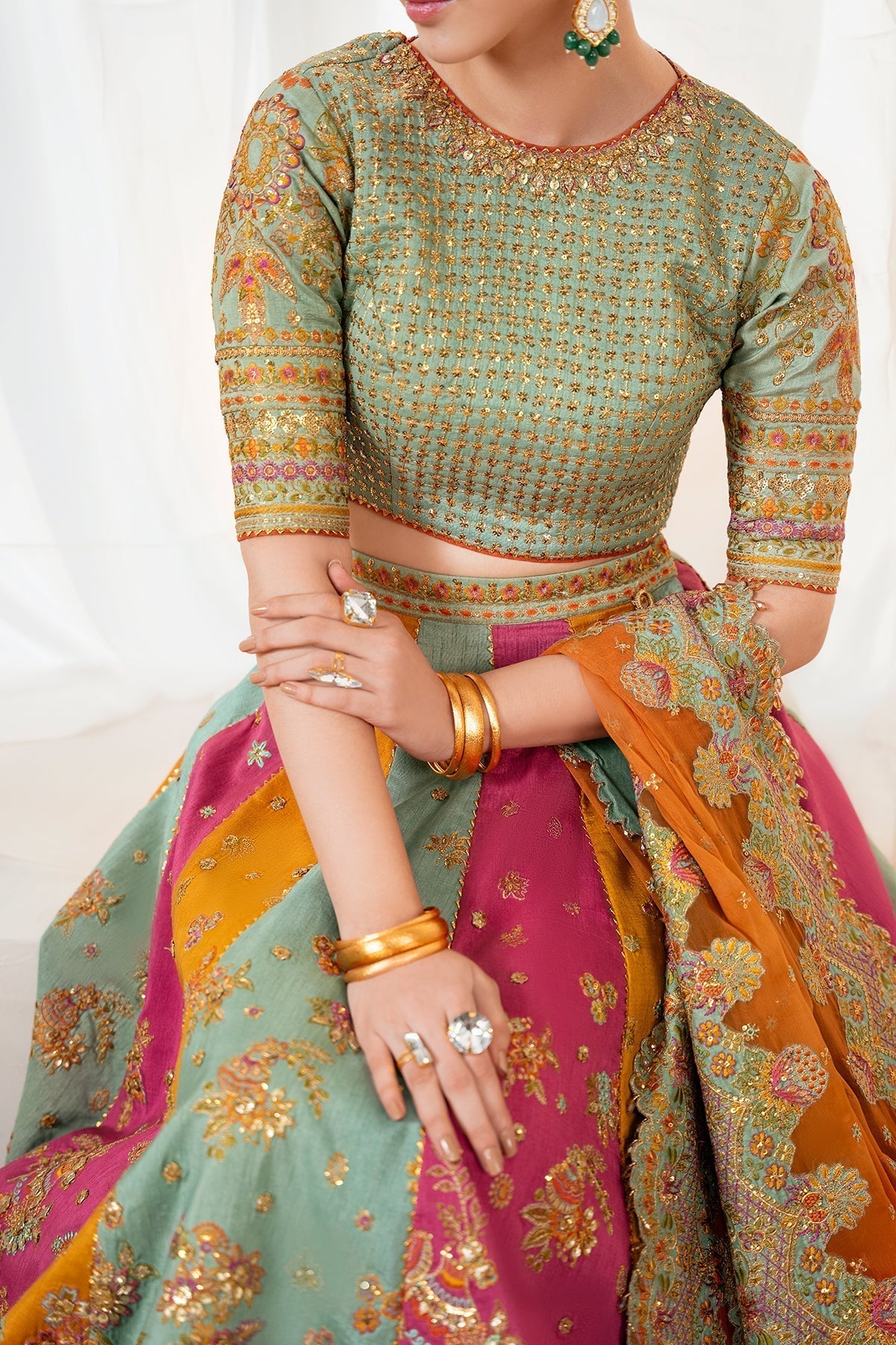 Embroidered Silk Style — Mairaz Sage Green Lehenga Set