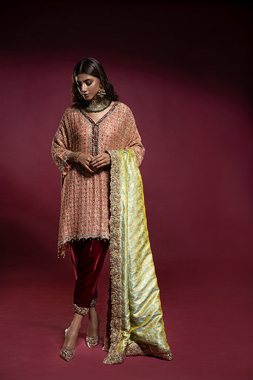 Peach Embellished Box Tunic with Red Velvet Shalwar and Double Sided Kamkhaab Chaadar