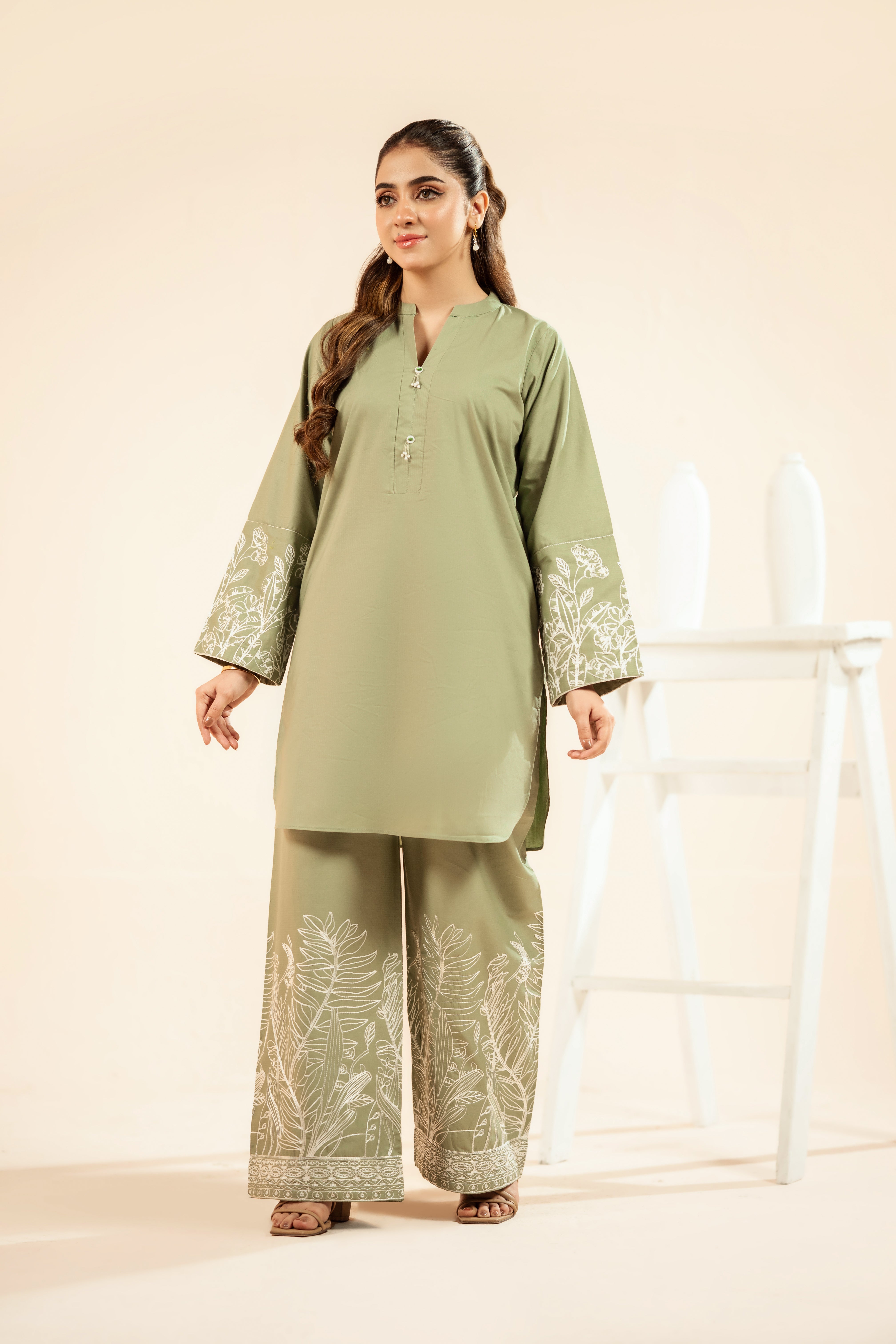 Sage Foliage Emb Co-Ord Set | 2 PC