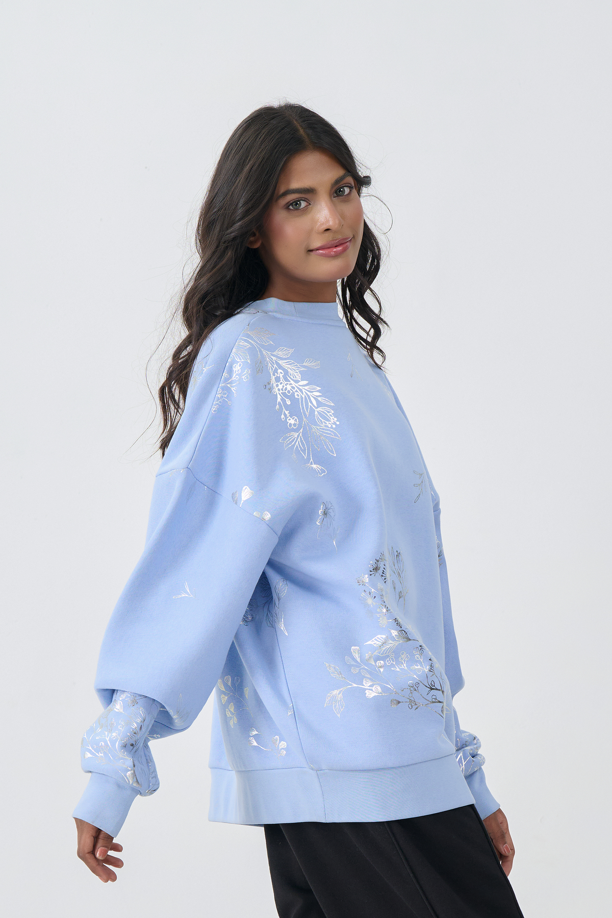 Loose Fit Sweatshirt with Silver Foil Print (Ice Blue)