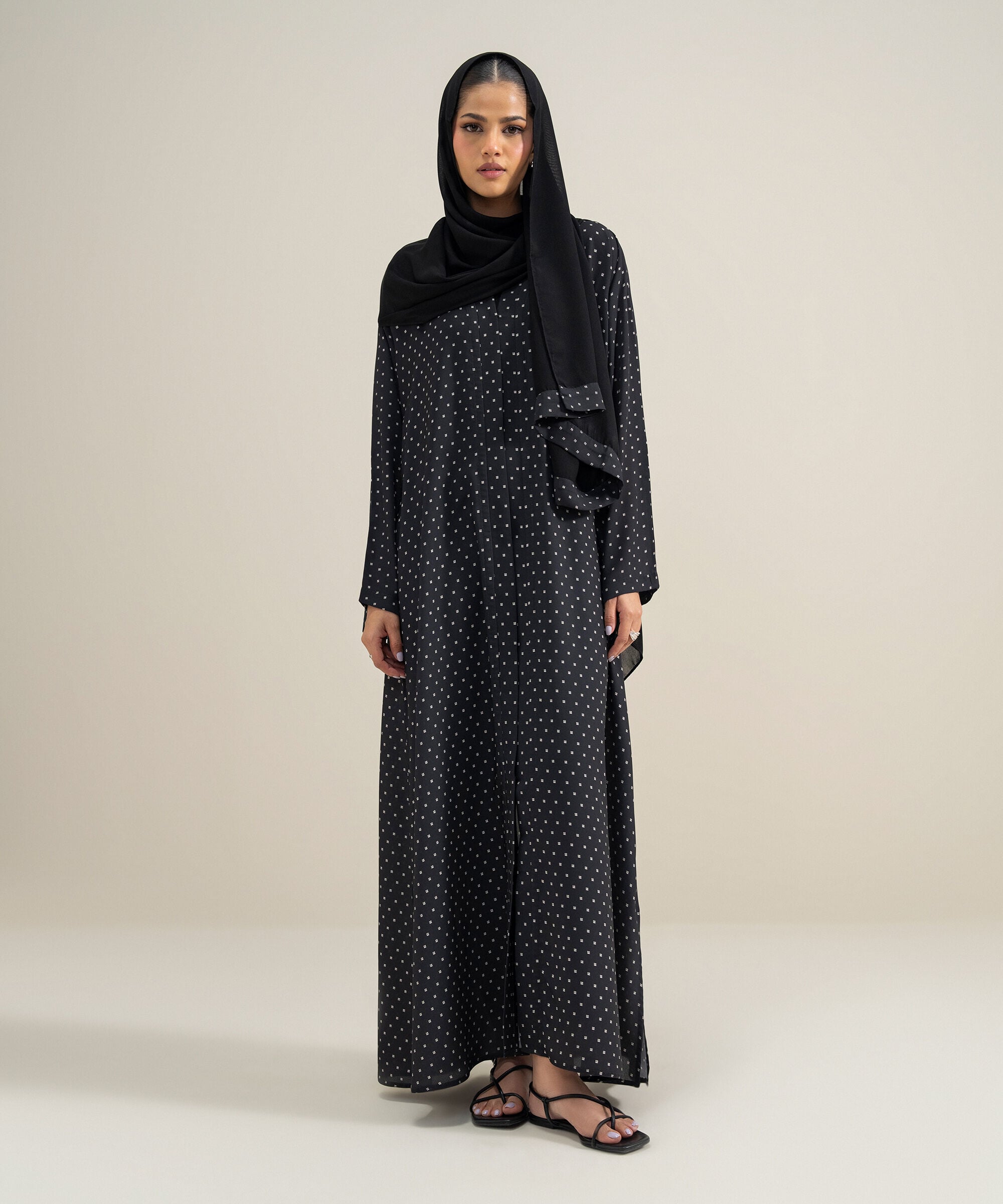 Women's Polyester Black Kimono Printed Abbaya Set