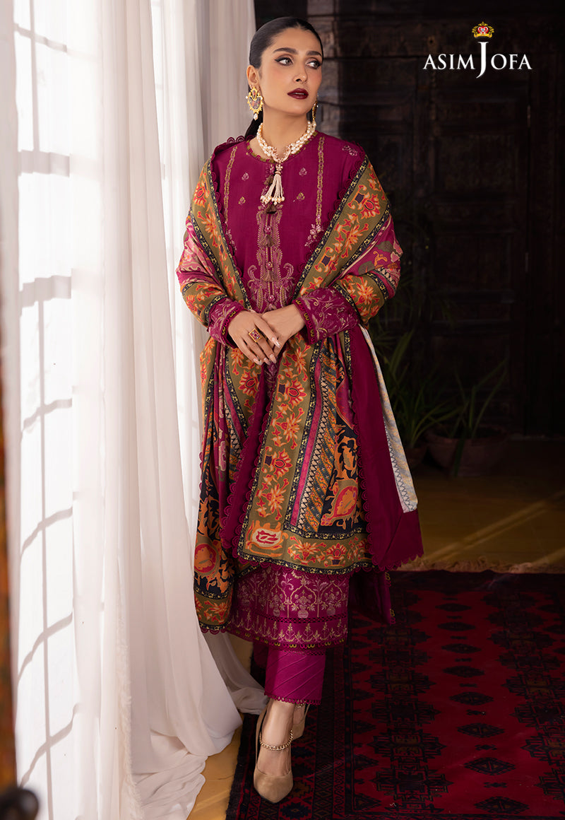 AJW-18 DESIGNERS STITCHED EMBROIDERED LINEN SLUB 3 PCS
