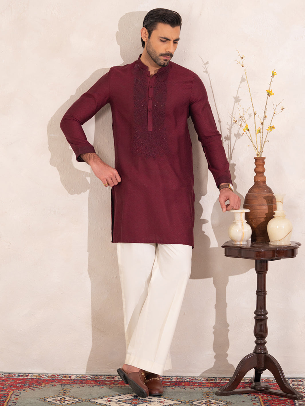 Maroon Formal Embroidered Kurta - AL-K-SP-068