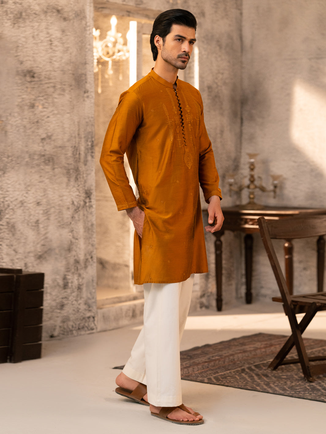 Mustard Formal Embroidered Kurta - AL-K-SP-069
