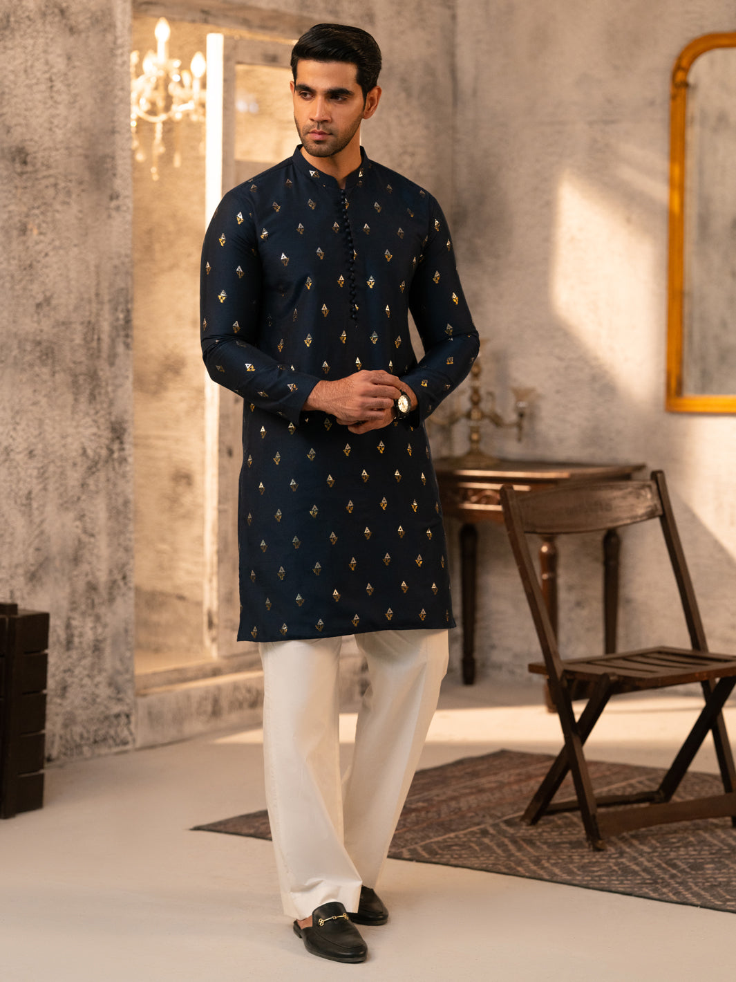Navy Blue Formal Brocade Kurta - AL-K-SP-071