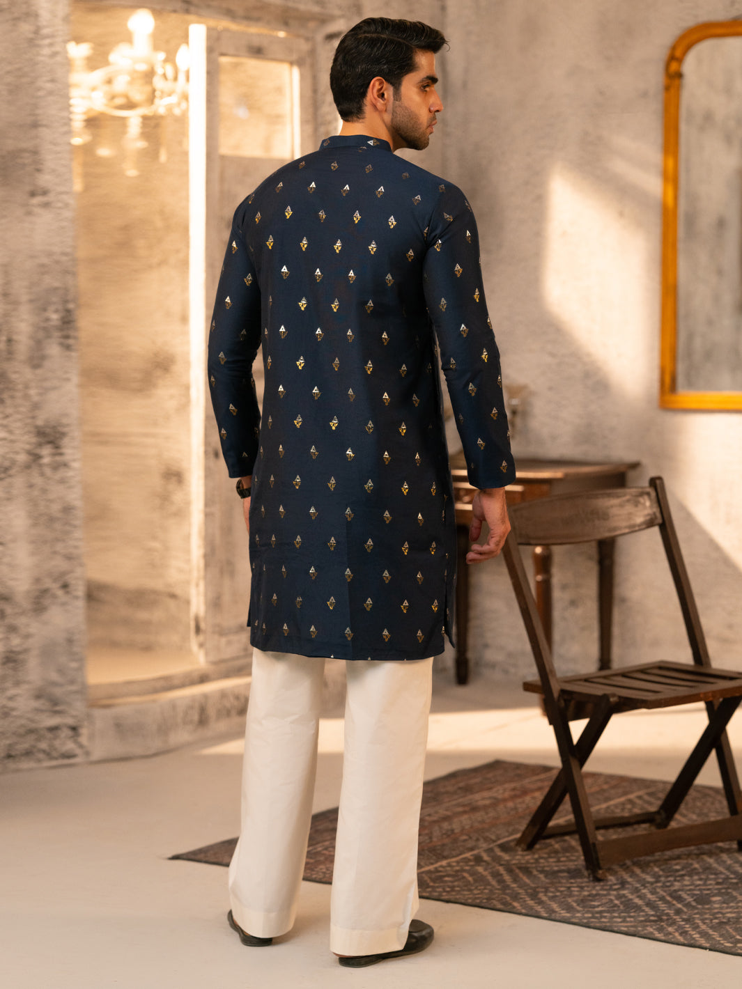 Navy Blue Formal Brocade Kurta - AL-K-SP-071