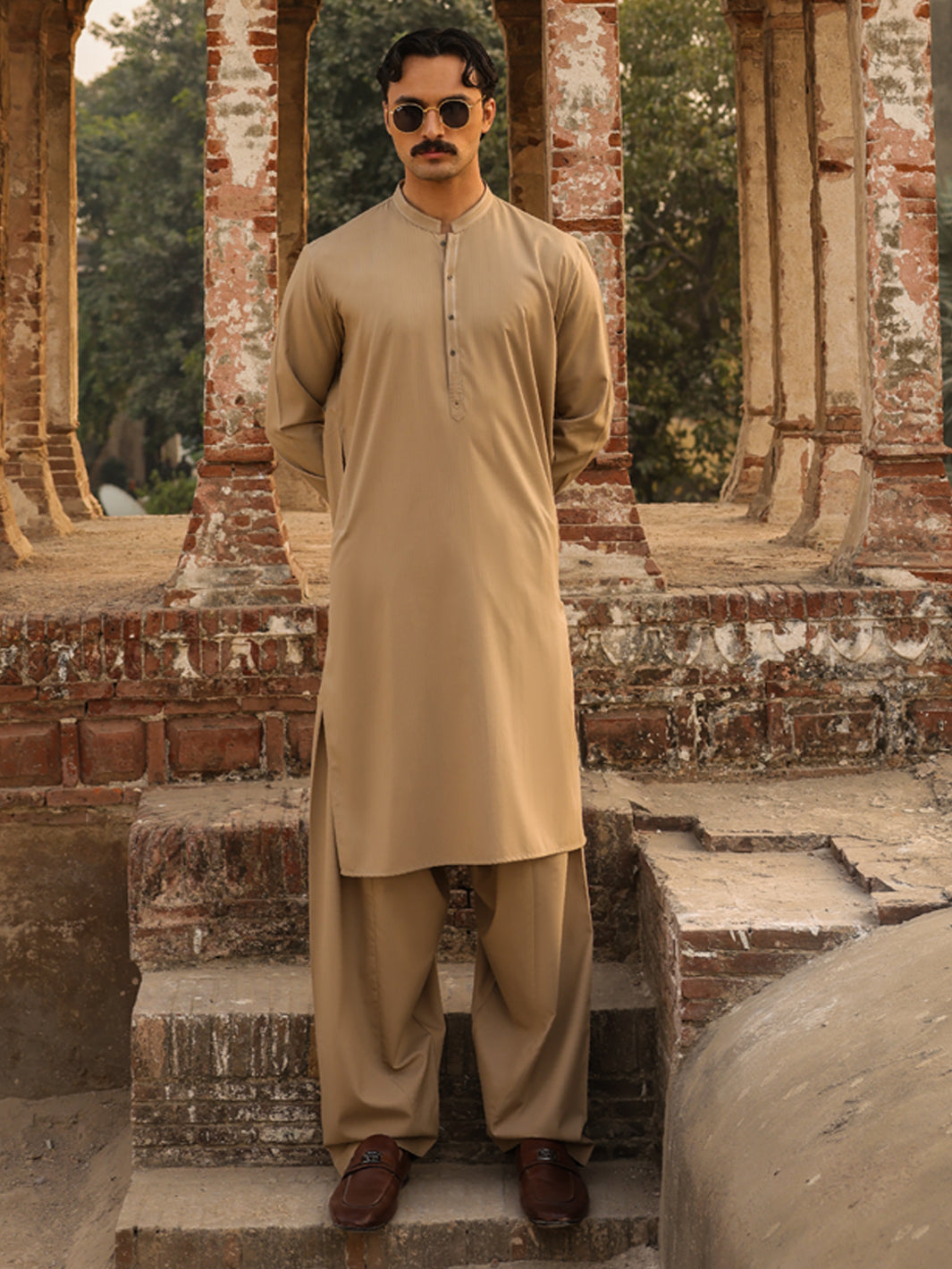 Sand Brown Cut & Sew Kameez Shalwar - AL-KS-3259