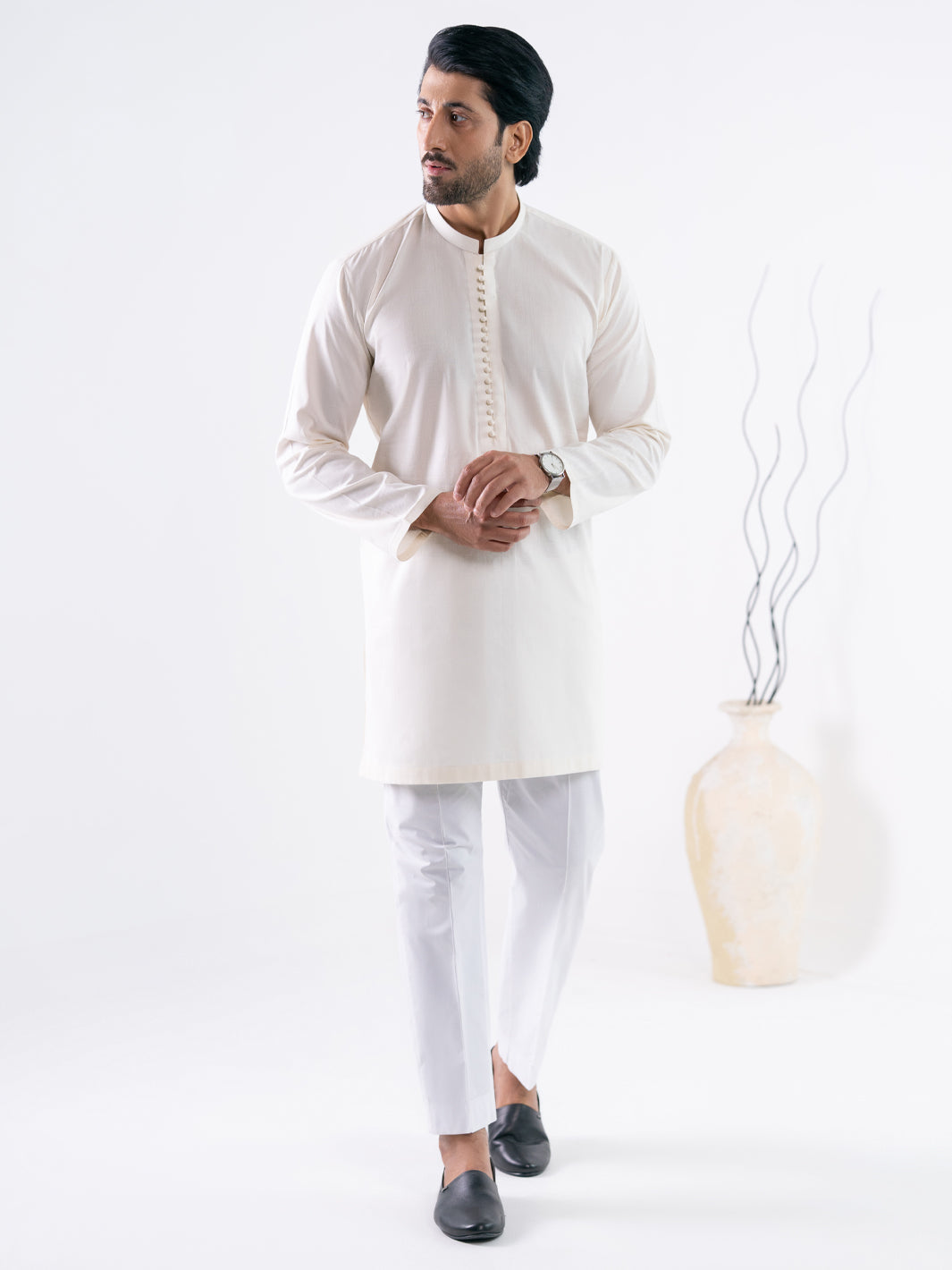 Off White Cotton Screen Print Kurta Trousers - AL-KT-3410