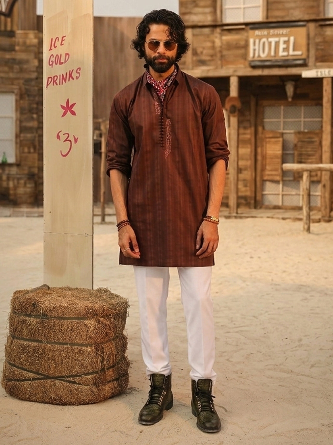 Dark Brown Cotton Screen Print Kurta Trousers - AL-KT-3409