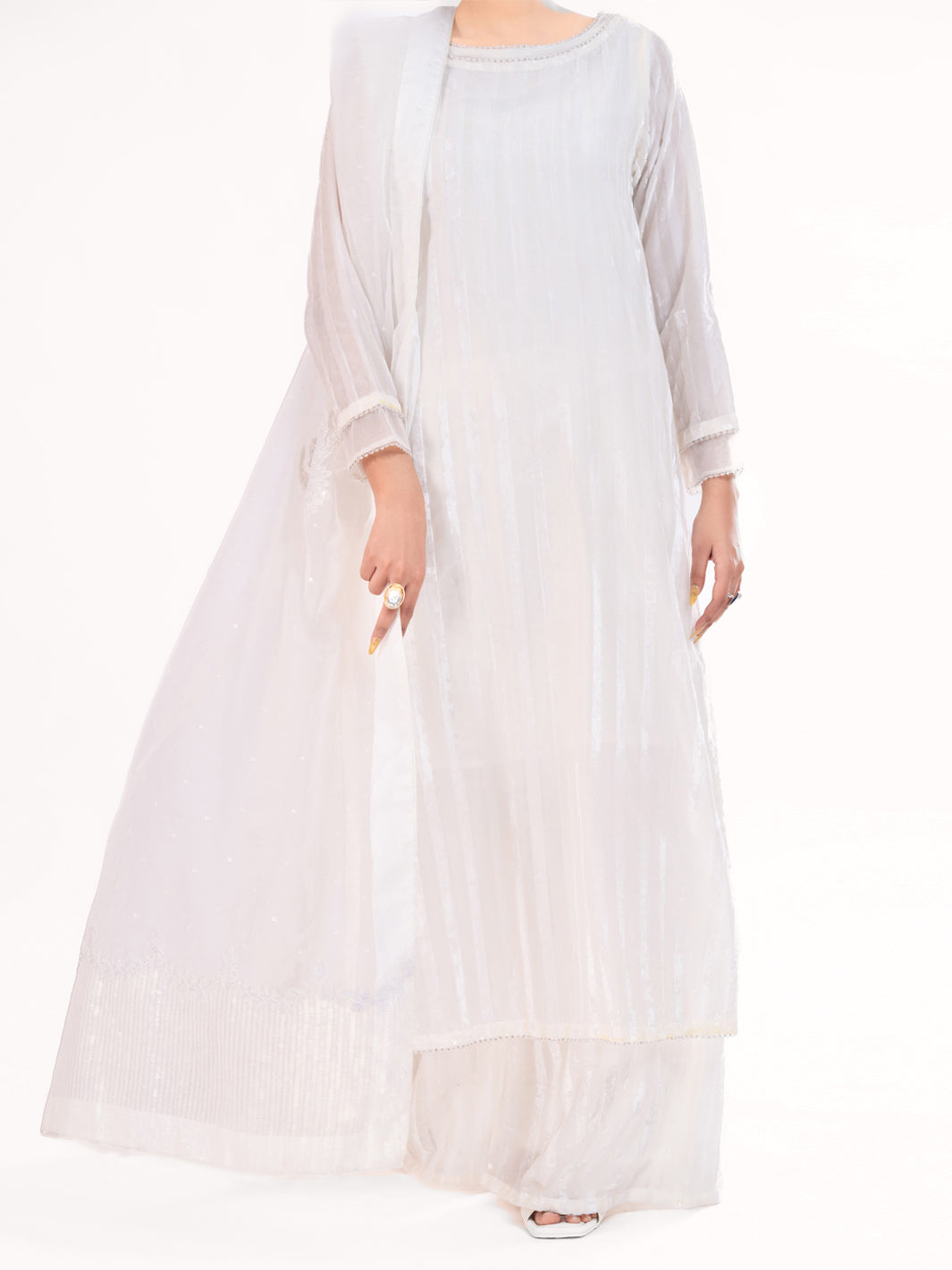 White Palachi Velvet Formal 3Pc Stitched - AL-3PS-LS-563