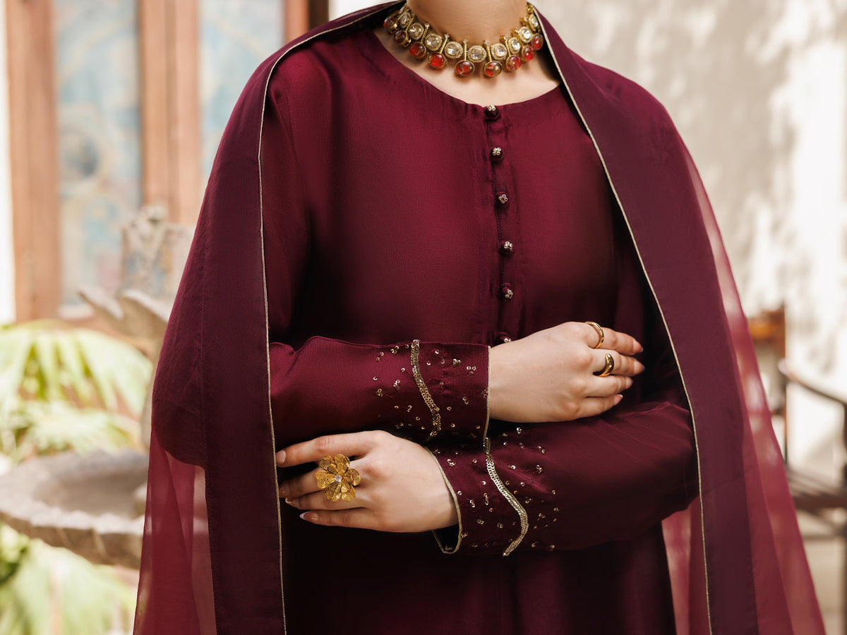 Magenta Sheesha Silk Formal Stitched 3Pc- AL-3PS-LS-629