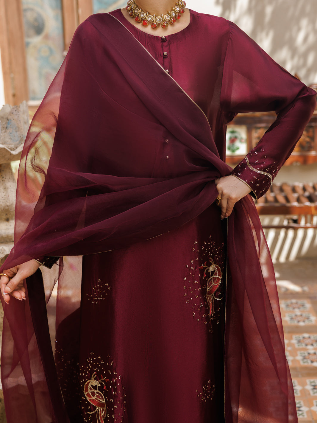 Magenta Sheesha Silk Formal Stitched 3Pc- AL-3PS-LS-629