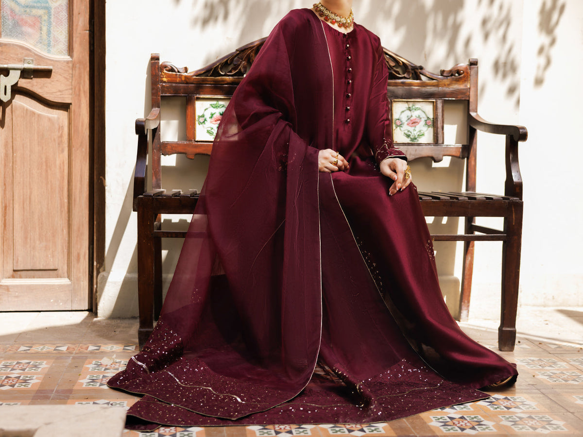 Magenta Sheesha Silk Formal Stitched 3Pc- AL-3PS-LS-629