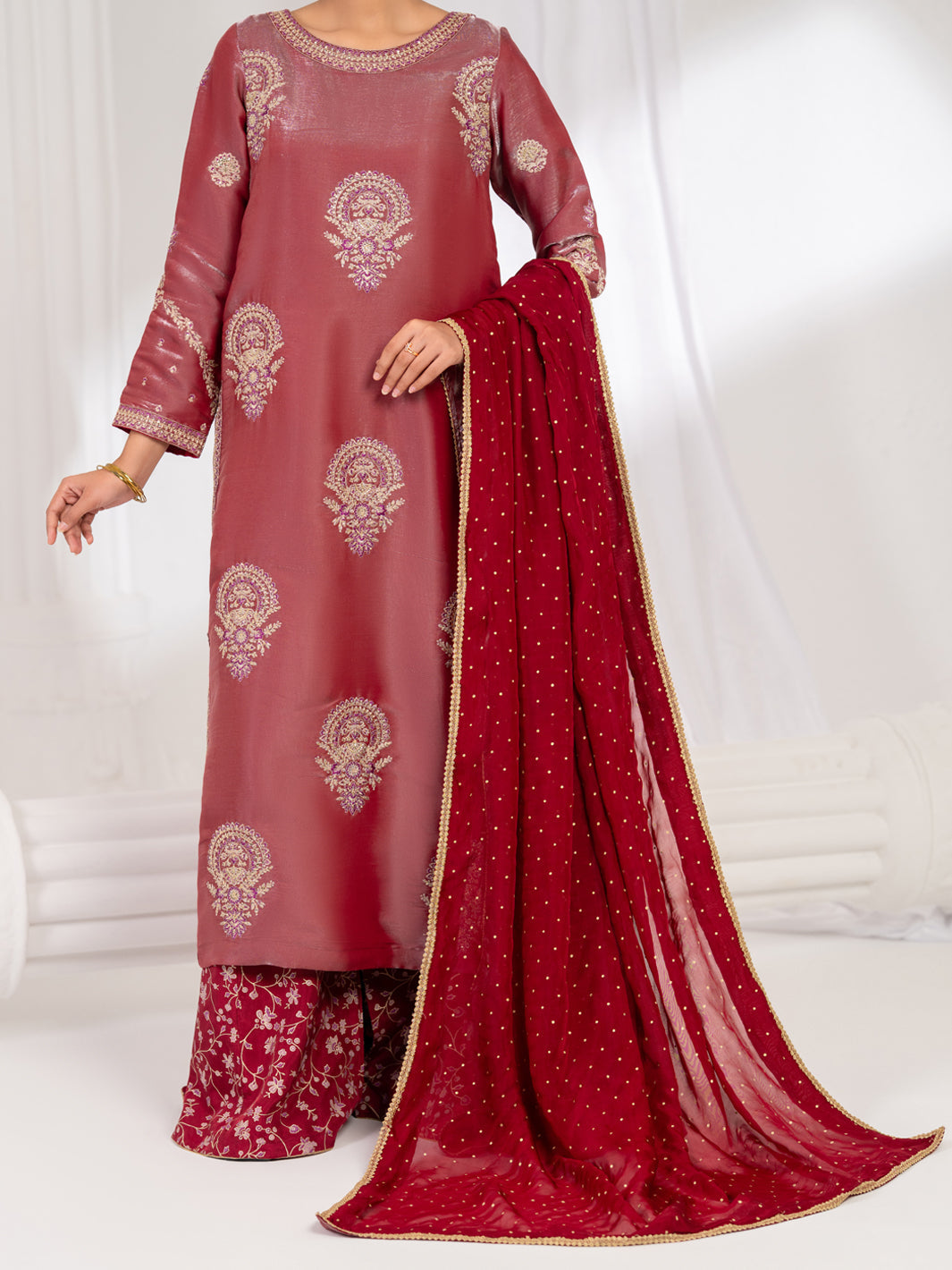 Pink Lawa Silk Formal Stitched 3Pc- AL-3PS-LS-633