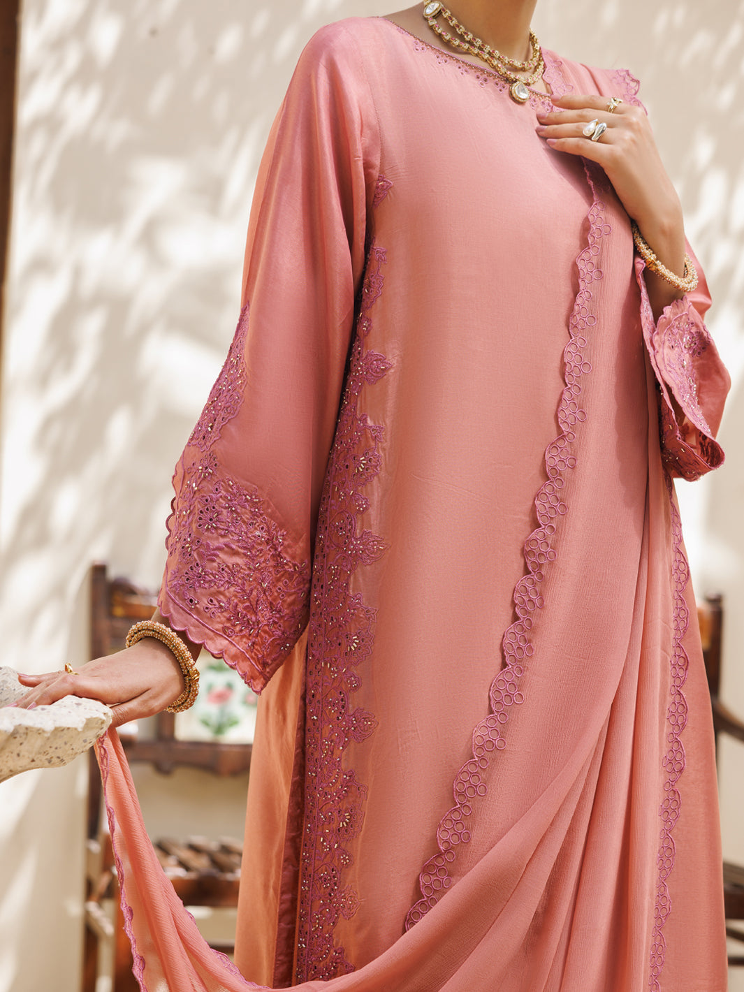 Tea Pink Taffeta Silk Formal 3Pc Stitched - AL-3PS-LS-635