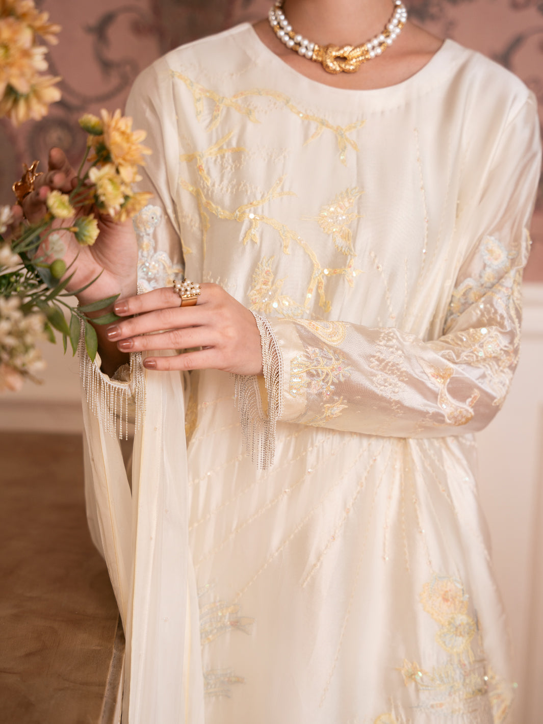 White Sheesha Silk Formal Stitched 3Pc - AL-3PS-SS-LS-614