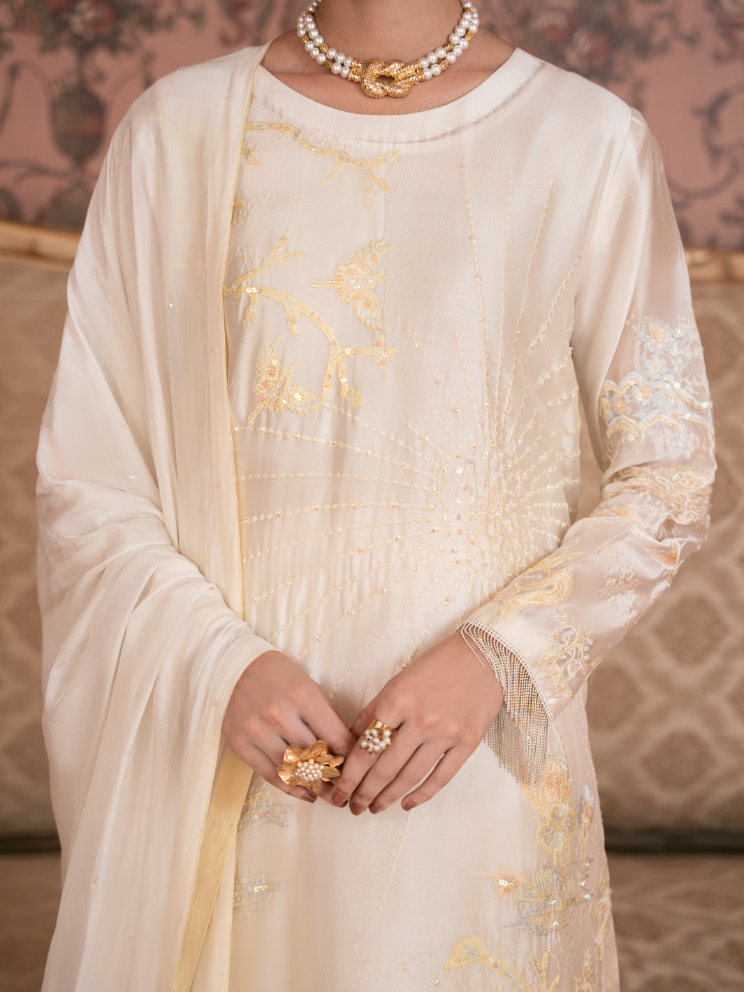 White Sheesha Silk Formal Stitched 3Pc - AL-3PS-SS-LS-614