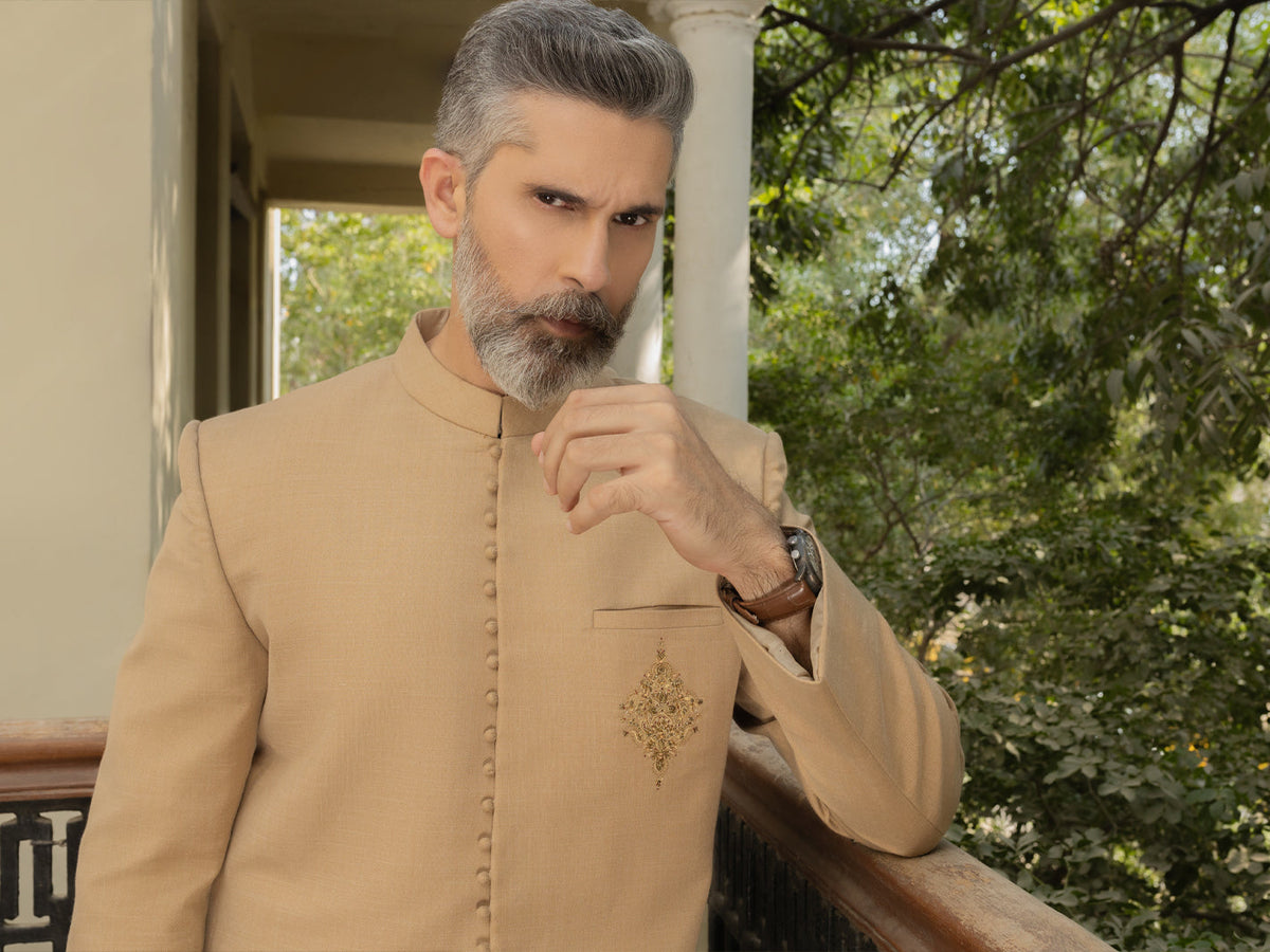 Beige Embroidered Sherwani - AL-SW-147