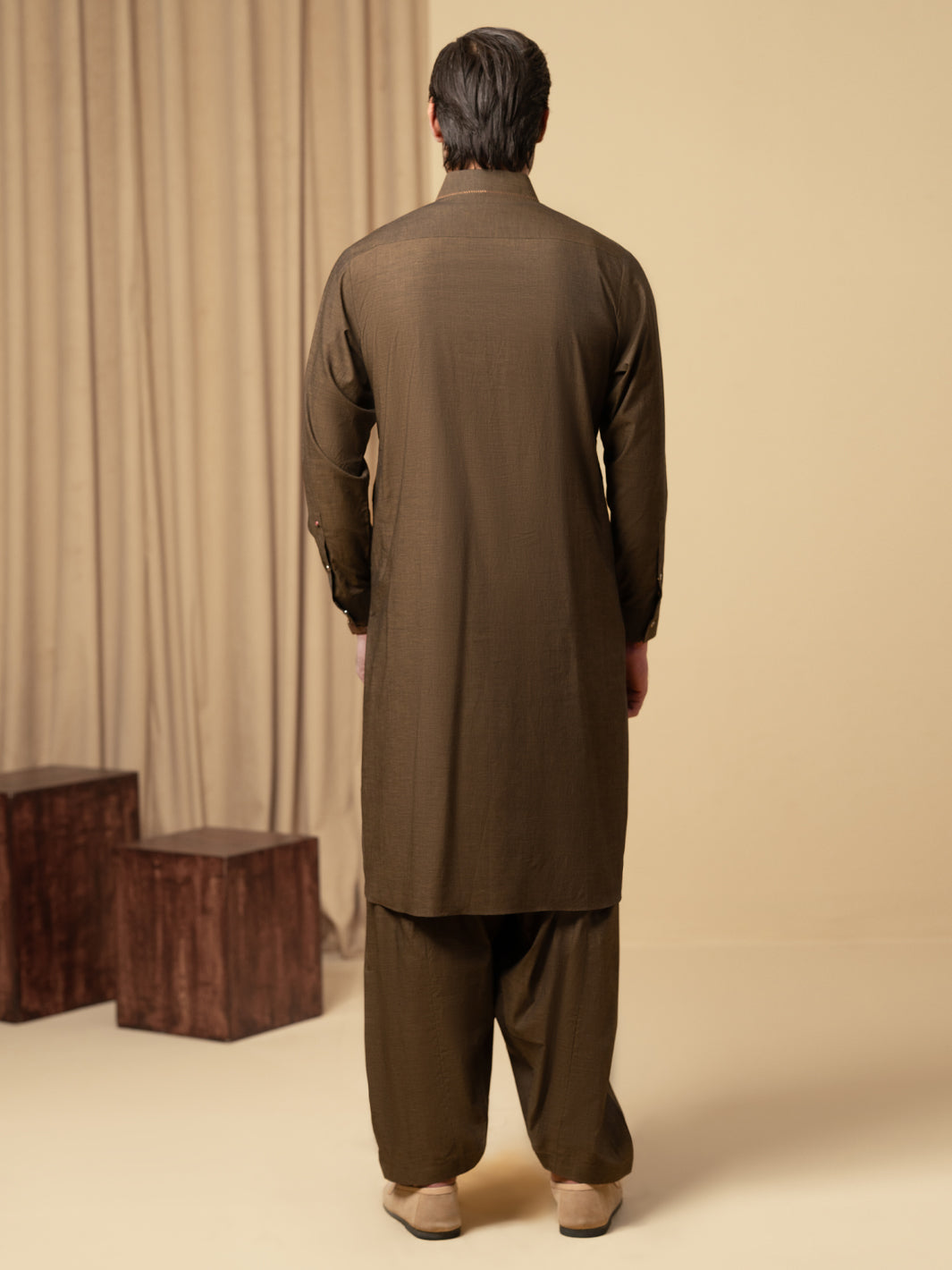 Dark Brown Cotton Kameez Shalwar - ALWA-KS-585