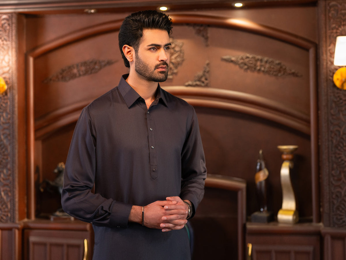 Charcoal Grey Cut & Sew Kameez Shalwar - ALWA-KS-639