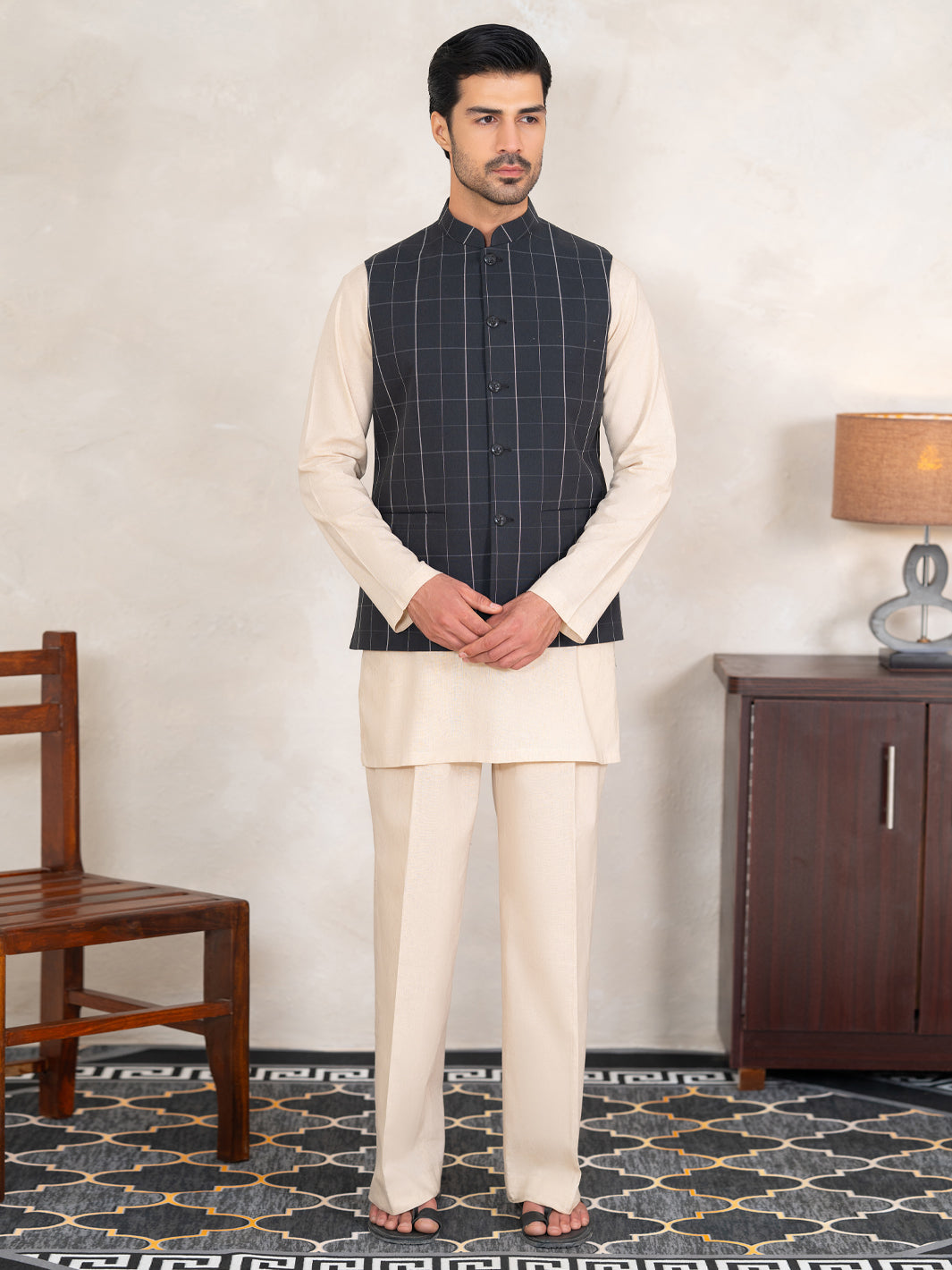 Black Cotton Plain Waistcoat - AL-WC-645