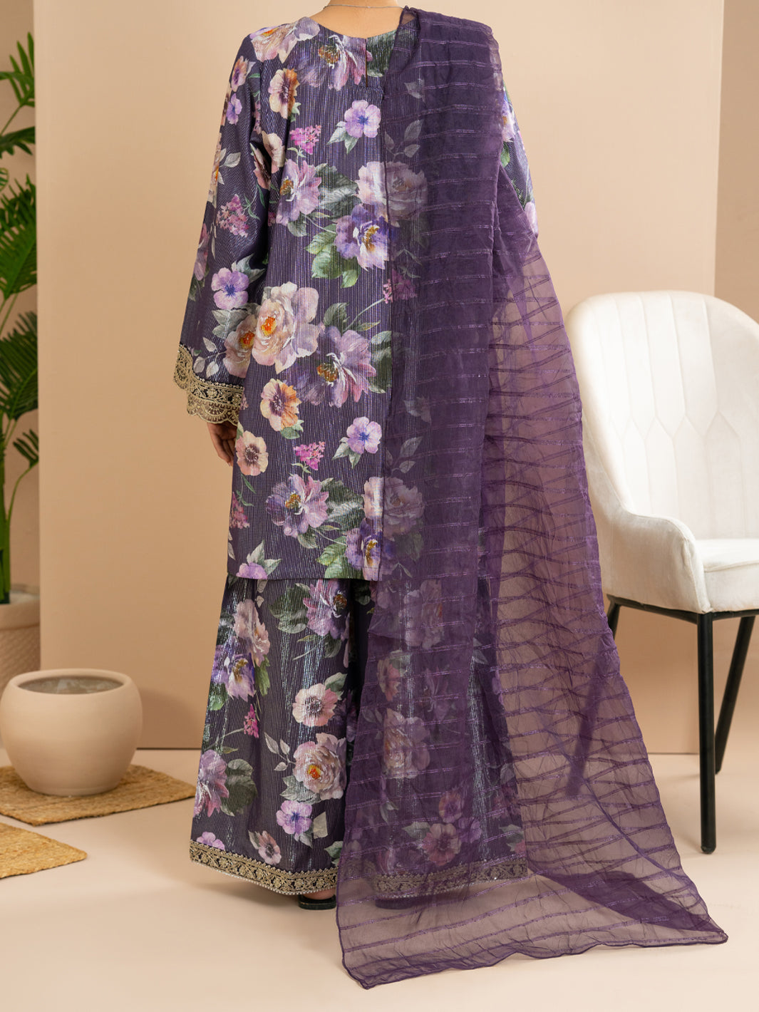 Purple Lurex Cotton Stitched 3Pc - ALP-3PS-2172