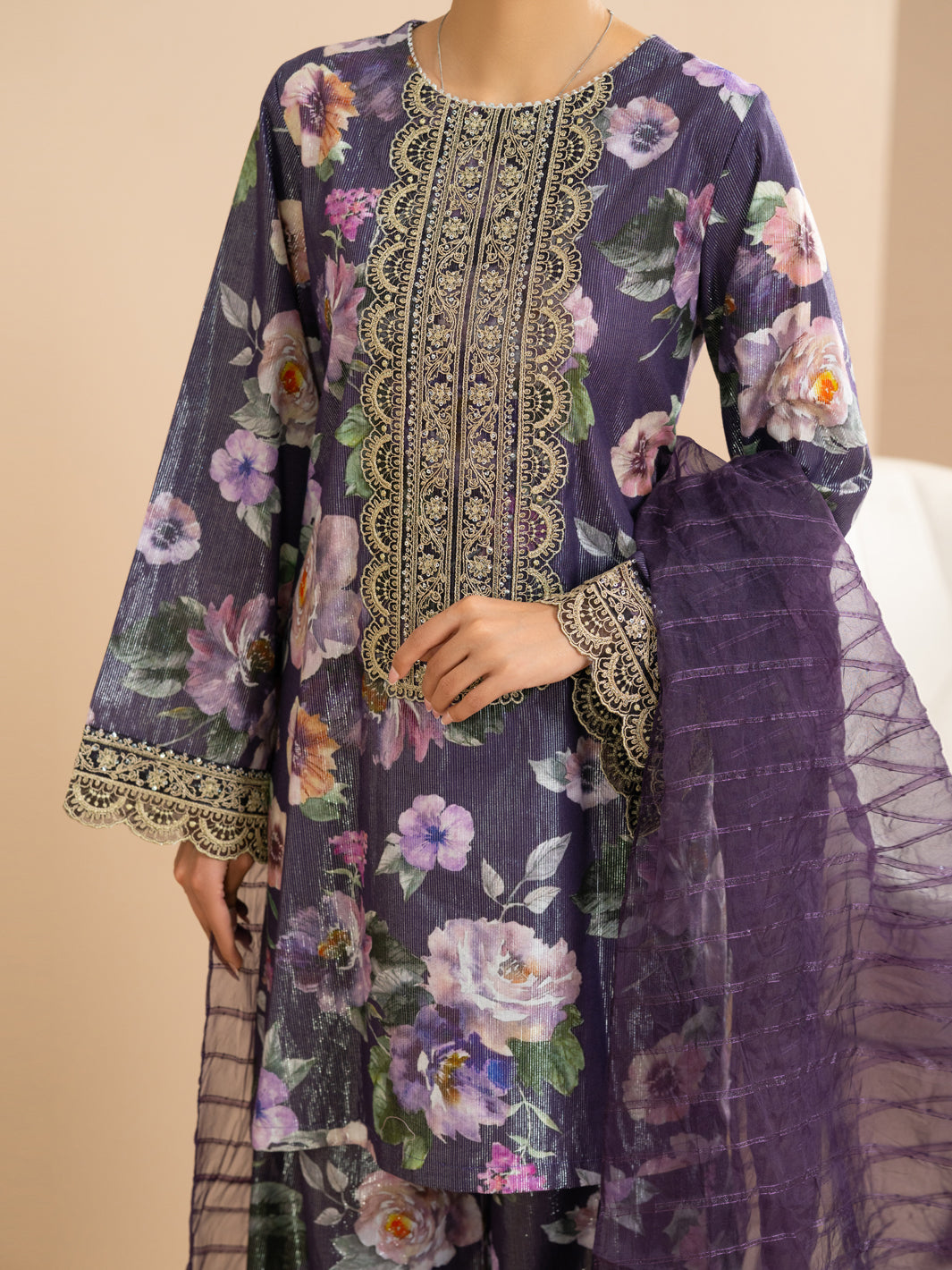Purple Lurex Cotton Stitched 3Pc - ALP-3PS-2172