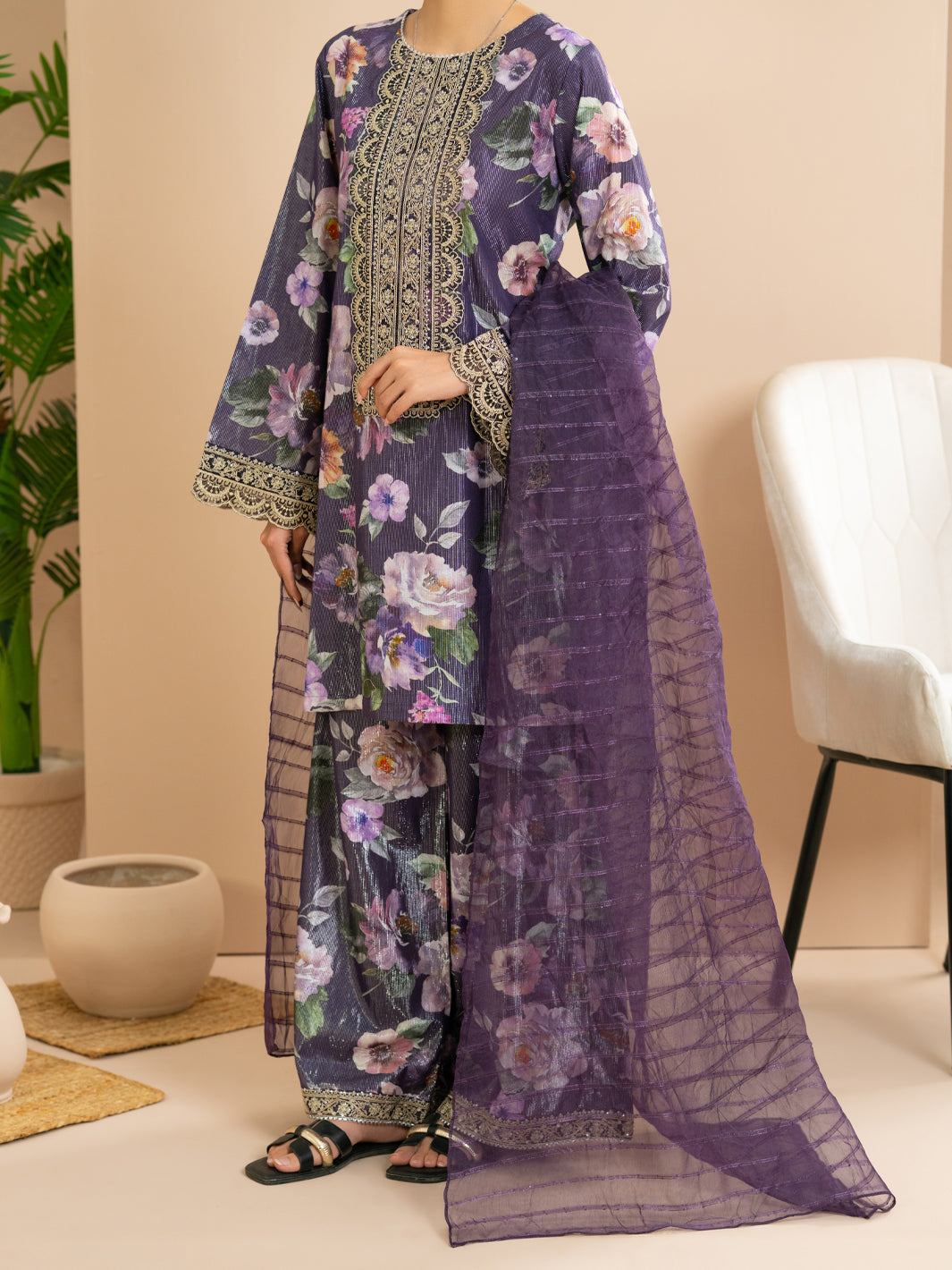 Purple Lurex Cotton Stitched 3Pc - ALP-3PS-2172
