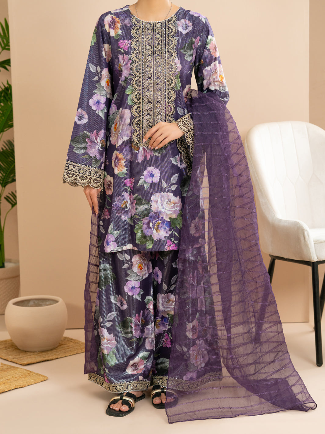Purple Lurex Cotton Stitched 3Pc - ALP-3PS-2172