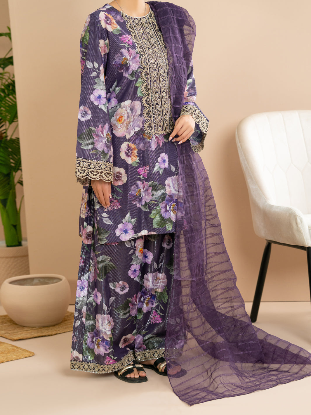 Purple Lurex Cotton Stitched 3Pc - ALP-3PS-2172