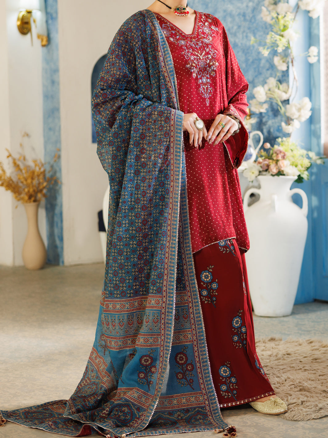 Maroon Thai Silk Stitched 3Pc - ALP-3PS-2381
