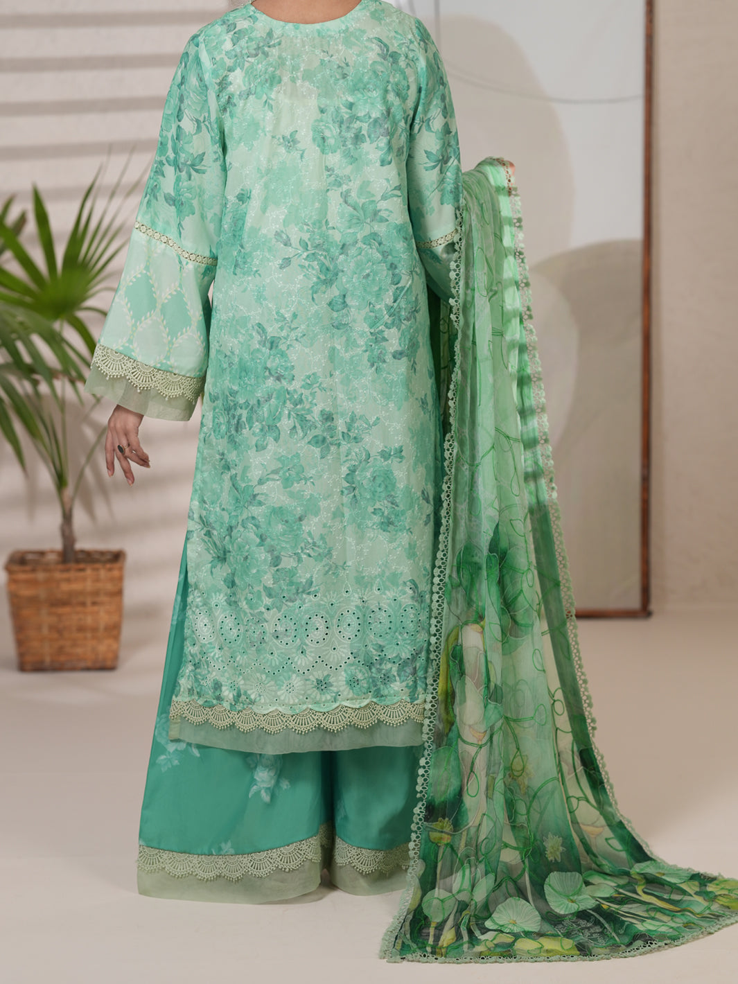 Green Silk Lawn Unstitched 3PC - ALP-3PS-2411