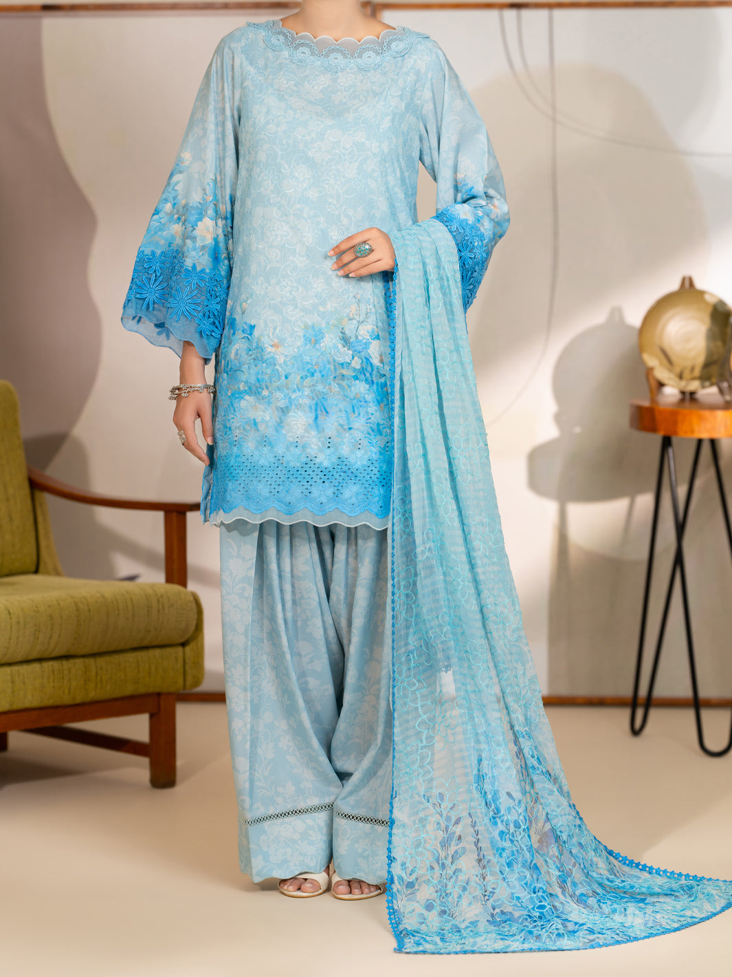 Sky Blue Silk Lawn Stitched 3Pc - ALP-3PS-2415