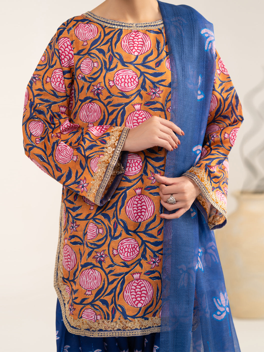 Mustard Blue Raw Silk 3Pc Unstitched - ALP-3PS-2442